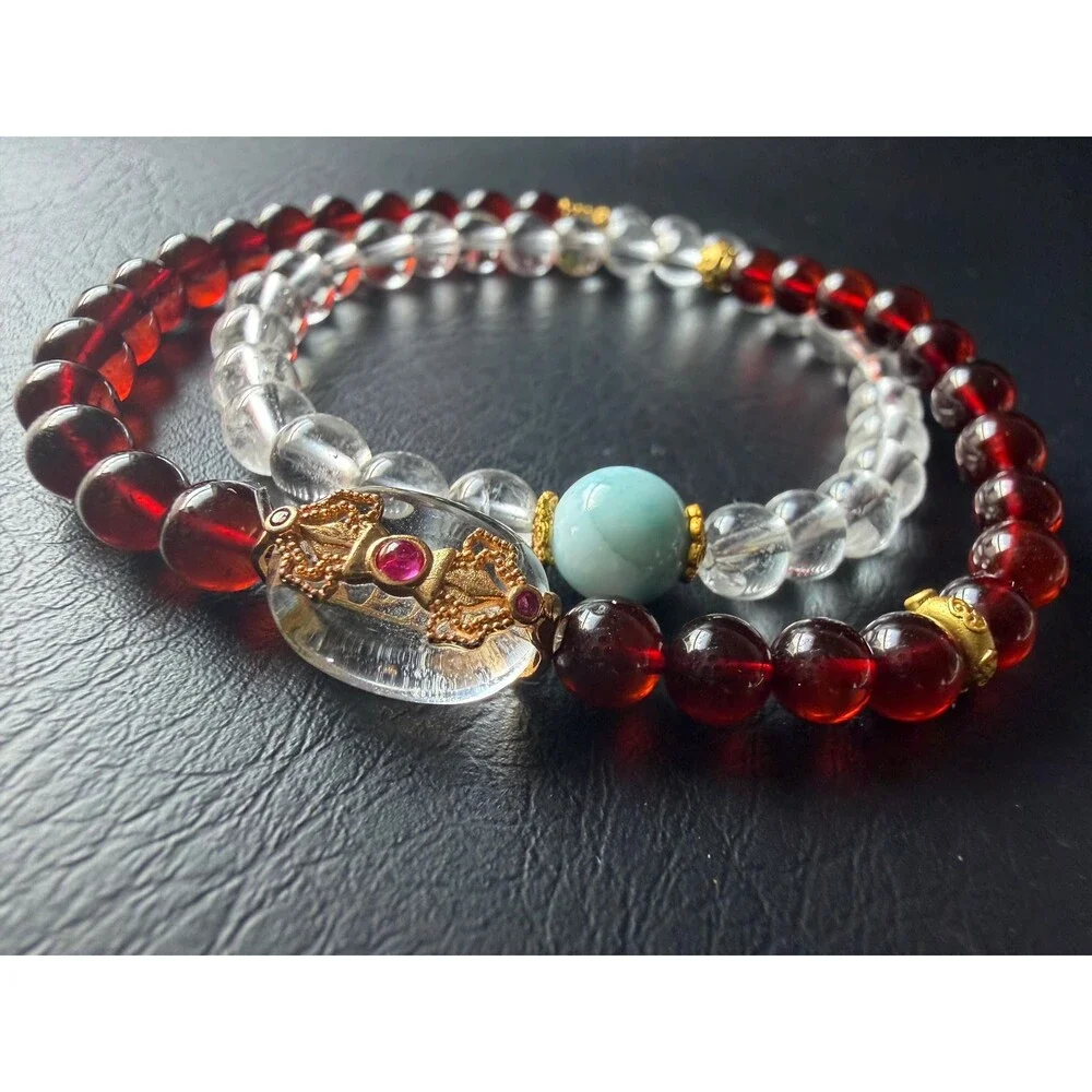 Natural Blood Amber crystal Double Wrap Bracelet Aquamarine Pixiu Charm16cm